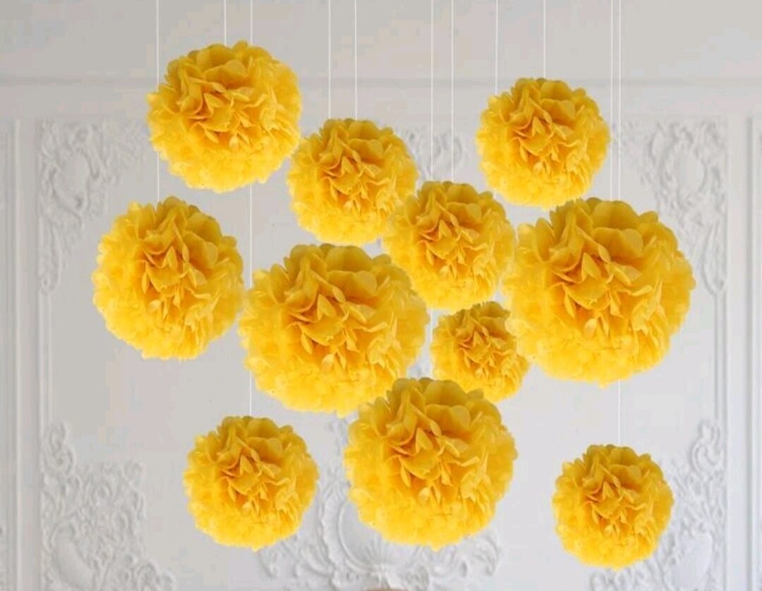Pomponi - zīdpapīra ziedi, komplekts 10 gab ( 20 cm, 25 cm )- dzelteni