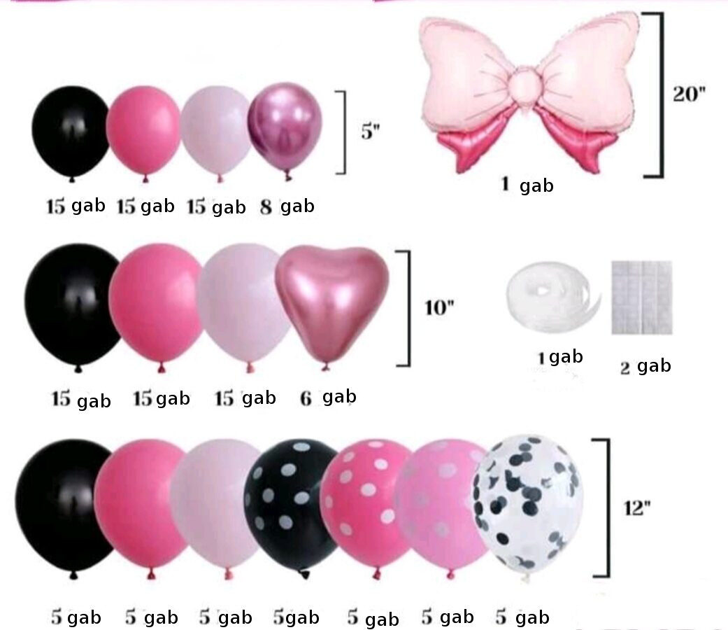 Balonu komplekts ( virtene ) Mickey, rozā - melni, 139 gab