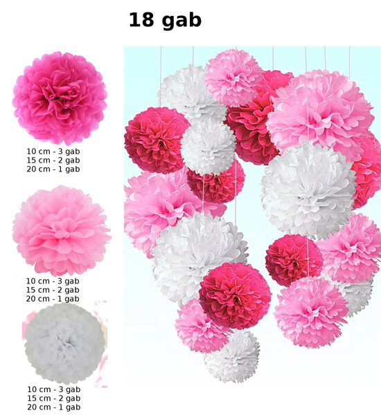 Pomponi - zīdpapīra ziedi, komplekts 18 gab (balti un rozā)