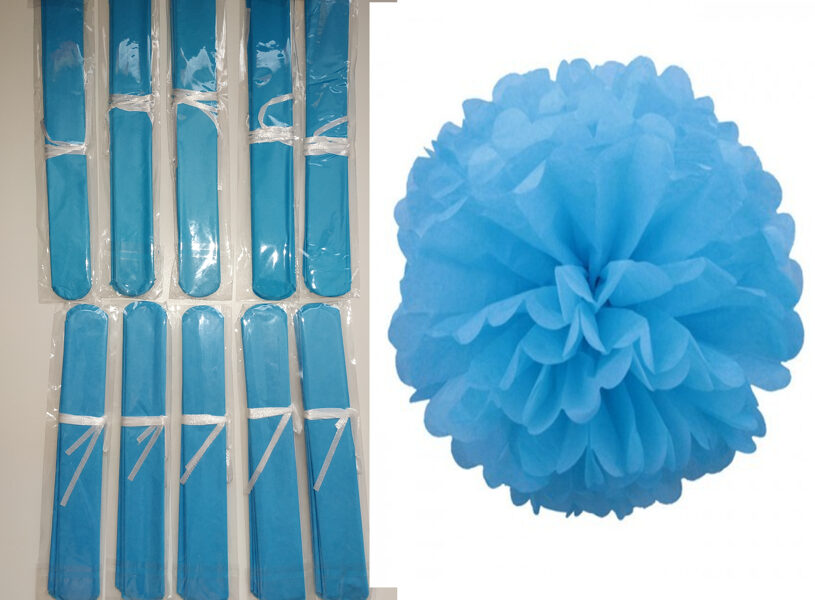 Pomponi - zīdpapīra ziedi, komplekts 10 gab ( 20 cm, 25 cm )- gaiši zils