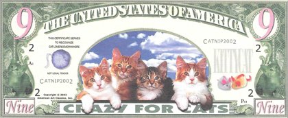 Deviņi dolāri - Crazy For Cats, suvenīra banknote