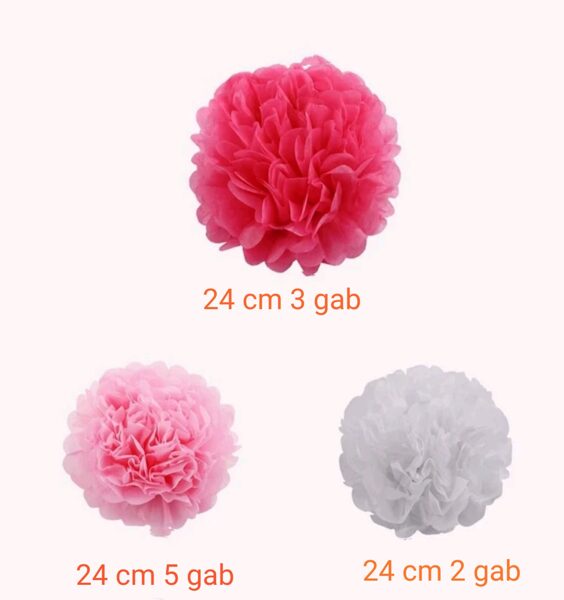 Pomponi - zīdpapīra ziedi, komplekts 10 gab 24 cm (balti un rozā)
