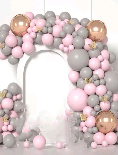 Balonu komplekts ( virtene ) pelēki + rozā ar tauriņiem 121 gab 