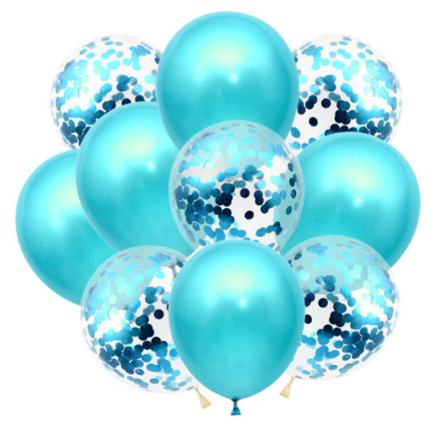 Balonu komplekts, 10 gab (tiffany ar gaiši ziliem konfeti)
